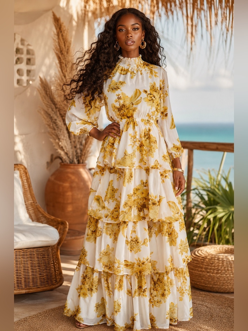 Smocked Neck Tiered Floral Maxi Dress - White & Yellow